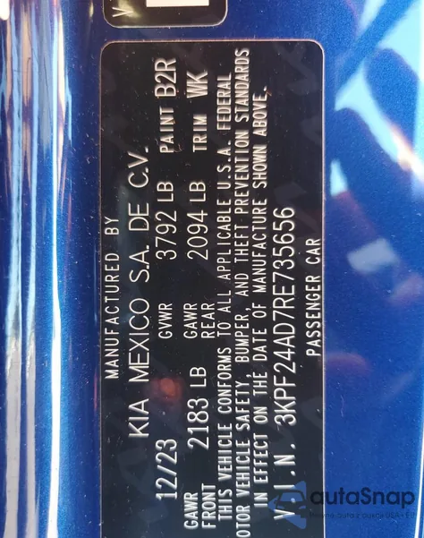 2024 Kia Forte Lx из США, поврежденный, VIN 3KPF24AD7RE735656